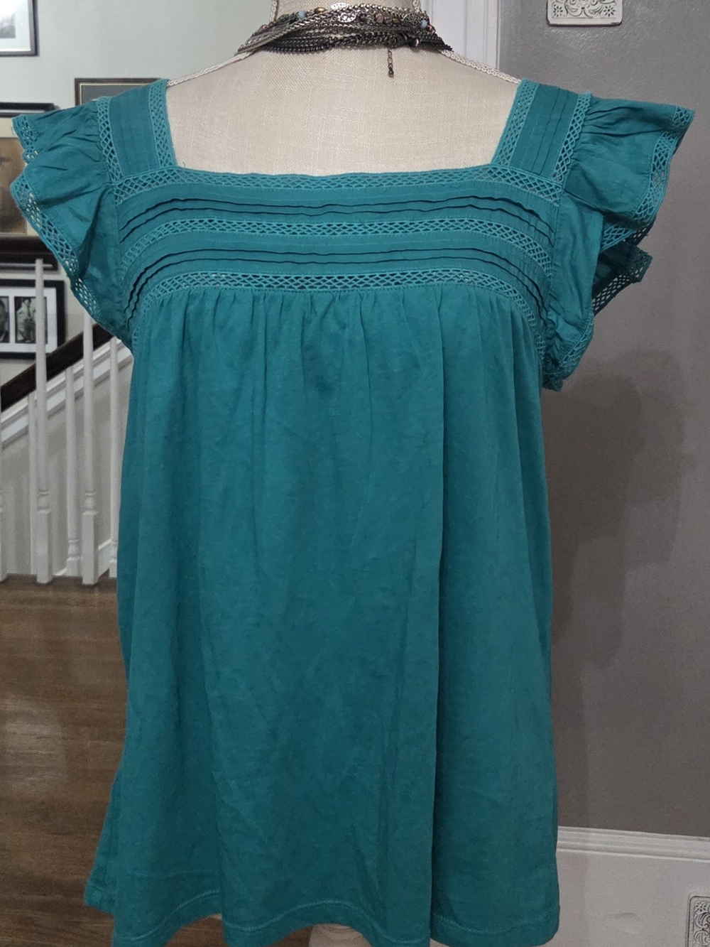 LOFT Teal Square-Neck Flutter Sleeve Top